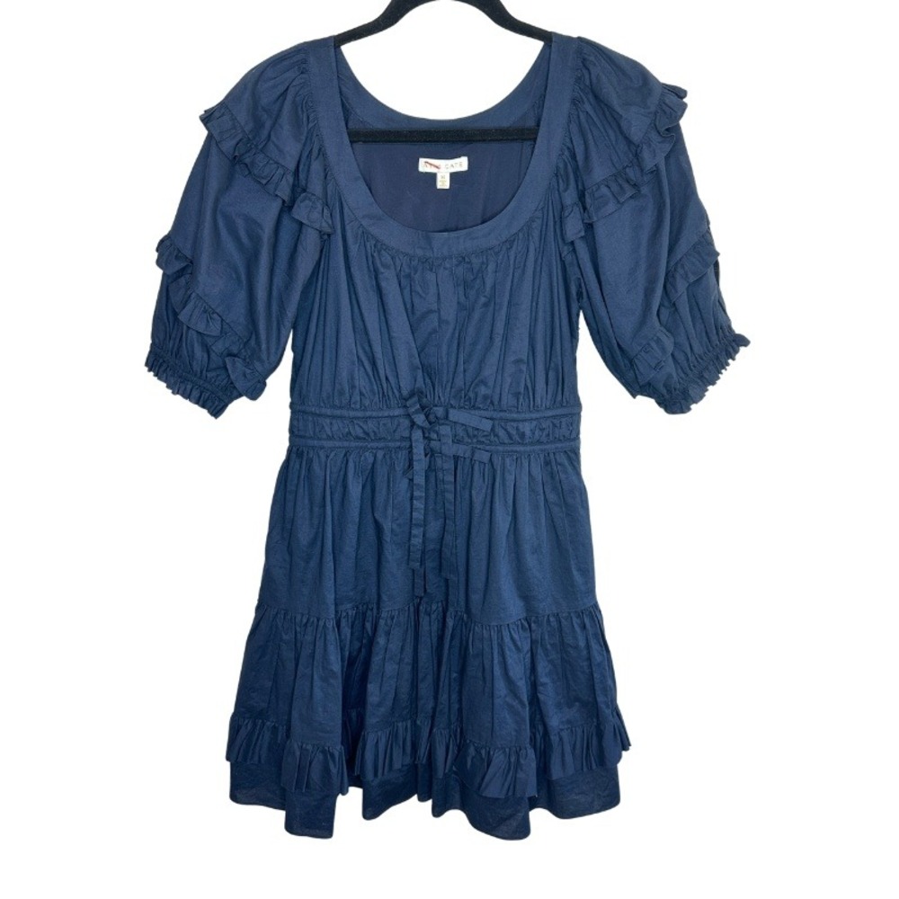 Anna Cate Navy Blue Ruffle Tiered Mini Dress Smocked Waist XS Cotton Puff Sleeve